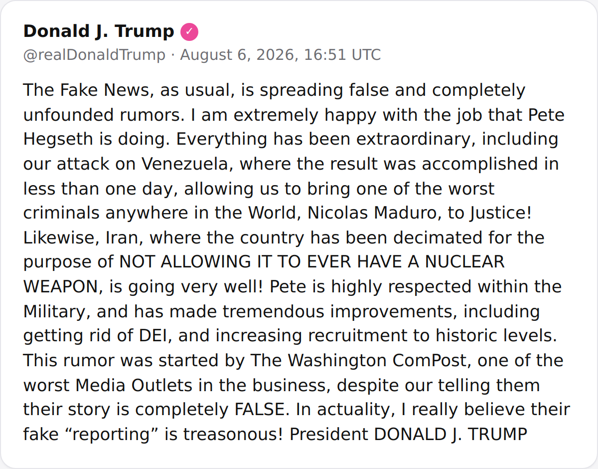 Trump desmiente rumores de despido de Hegseth y elogia operaciones en Venezuela e Irán