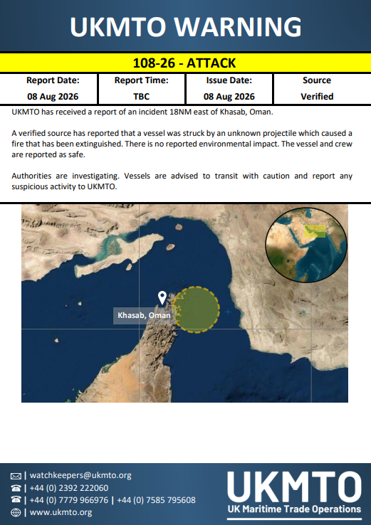 UKMTO Issues Warning 108-26 for Maritime Attack