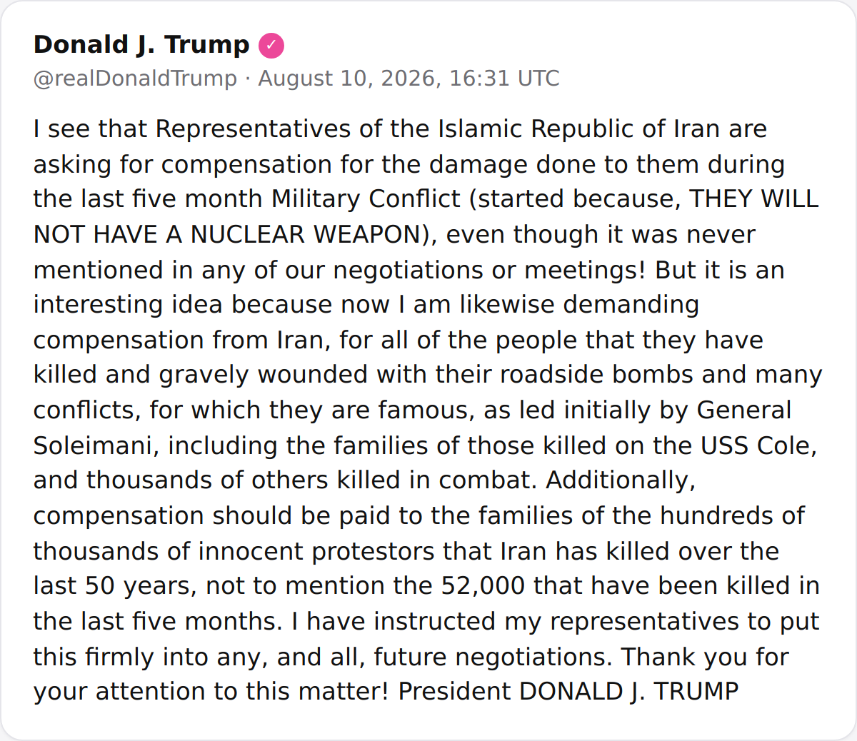 Trump: Irán debe pagar compensación por el USS Cole, muertes de manifestantes y conflictos pasados