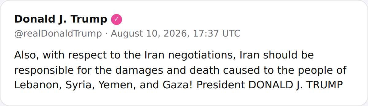 Trump: Irán debe ser responsable de los daños y muertes en Líbano, Siria, Yemen y Gaza