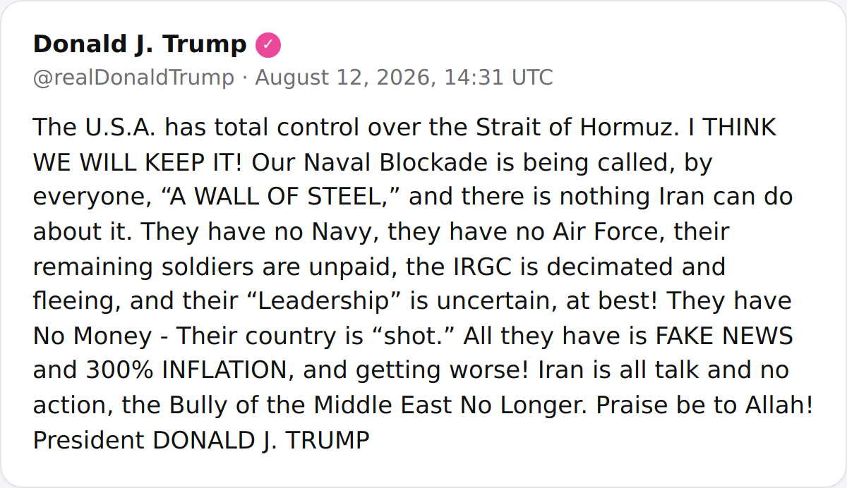 Trump Says U.S. Controls Strait of Hormuz, Blockade 'Wall of Steel'