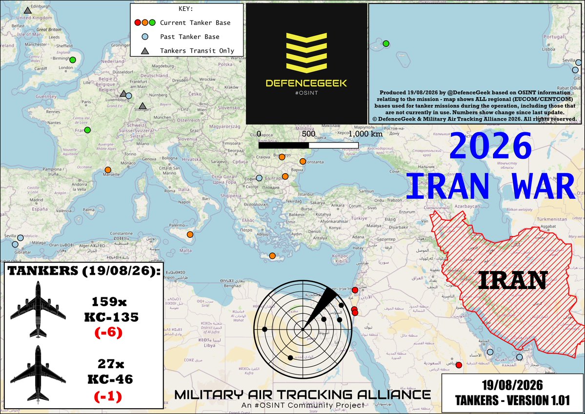 ترتيب معركة ناقلات الوقود الأمريكية في CENTCOM/EUCOM اعتبارًا من 19 أغسطس 2026