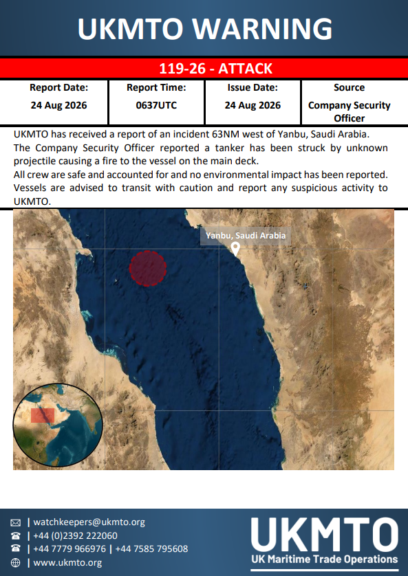 UKMTO Issues Warning 119-26 for Maritime Security