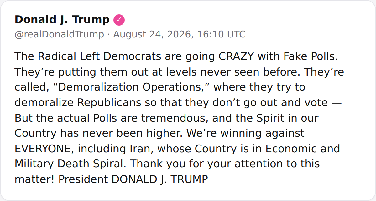 Trump: Dems' 'Demoralization Ops' Fake Polls, US Winning vs Iran