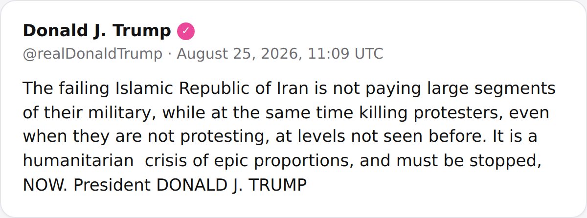 Trump: 'Failing Islamic Republic of Iran' Not Paying Military, Killing Protesters