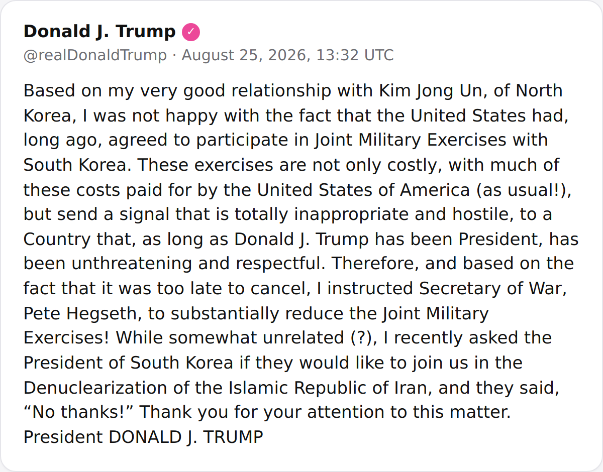 Satire: Trump Says He Reduced South Korea Joint Drills, Seoul Declined Iran Denuclearization