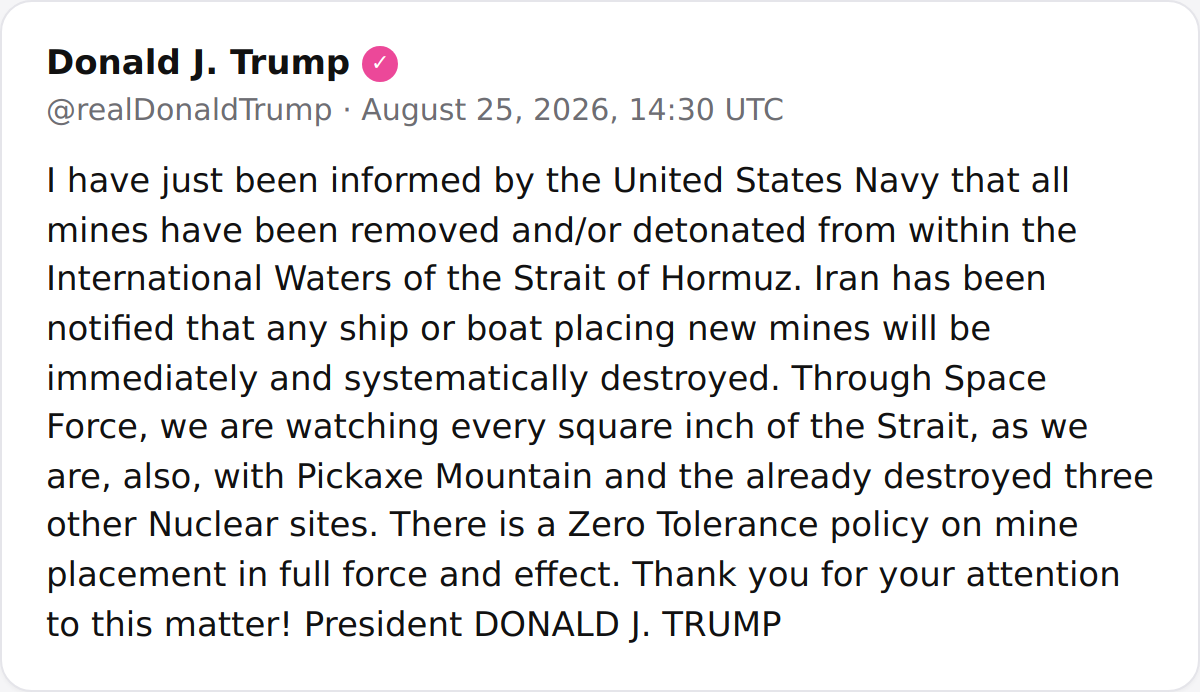 Trump: US Navy clears all mines from Strait of Hormuz, threatens to destroy new minelayers