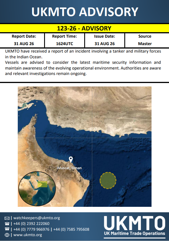UKMTO Publishes Maritime Security Advisory 123-26