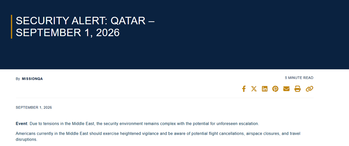 U.S. Issues Updated Security Alerts for Bahrain, Qatar and Israel