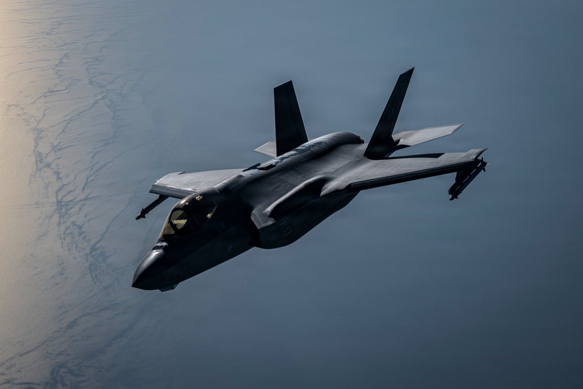 A U.S. Air Force F-35A stealth fighter jet patrols over regional waters as CENTCOM forces continue to enforce the maritime blockade against Iran. As of Sept. 6, U.S. forces have redirected 92 commercial vessels, disabled 3 and boarded 2 to ensure strict compliance.