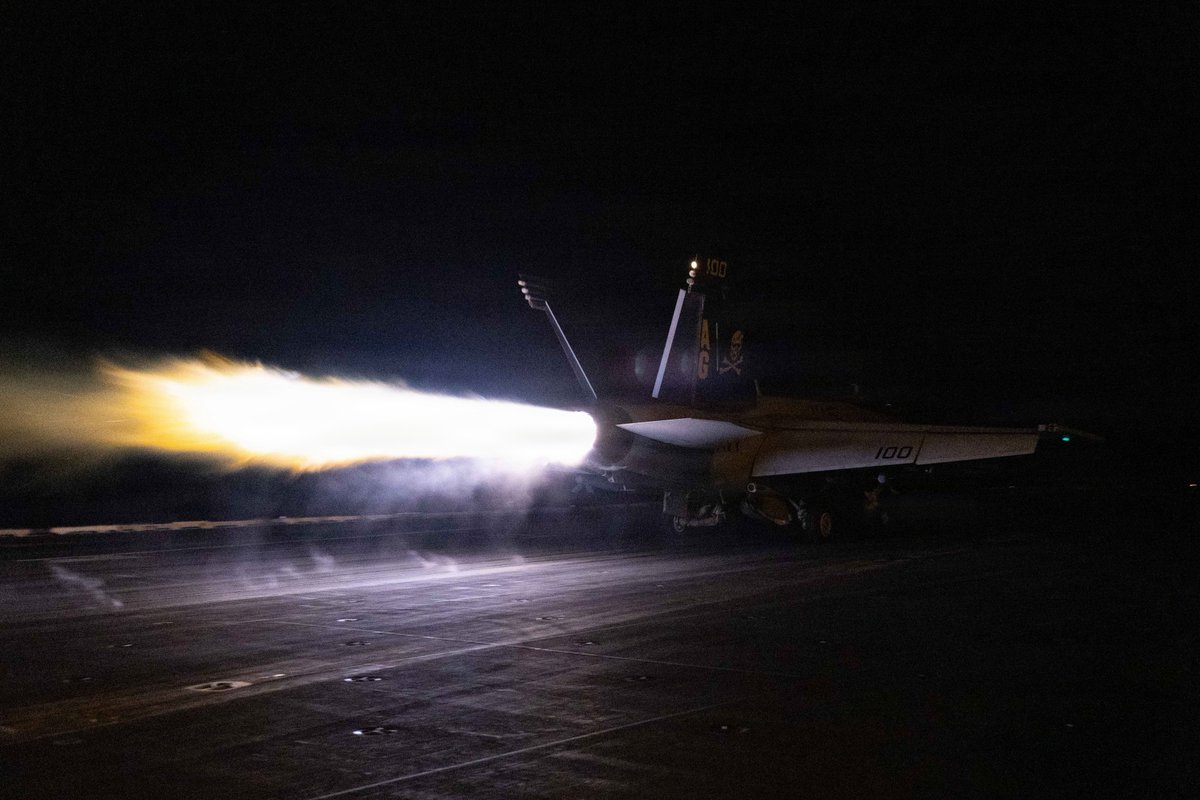 An F/A-18F Super Hornet launches from the flight deck of USS George H.W. Bush (CVN 77) as the ship sails in regional waters and continues to support enforcement of the U.S. blockade against Iran. As of Sept. 17, CENTCOM forces have redirected 104 commercial vessels to ensure