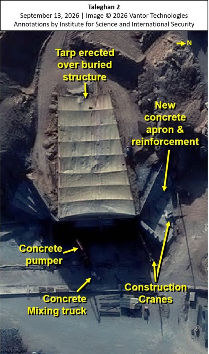 Iran is rapidly advancing the reconstruction of a nuclear facility that was previously bombed by Israel, according to satellite images cited in a report by the Institute for Science and International Security.
The institute, known as ISIS, says that Iran has been "rapidly moving forward with the reconstruction of the Taleghan 2 facility," located at the Parchin military complex, some 30 kilometers (20 miles) southeast of Tehran.
Taleghan 2 was struck by Israel in October 2024, during a retaliation for an Iranian missile attack on Israel earlier that month, and bombed again by the Israeli Air Force in March amid the recent war, after the military said Iran had been restoring the site following the first strikes.
The IDF has said that in recent years, Iran used the site for "the development of advanced explosives and for conducting sensitive experiments as part of the AMAD Project," Iran's alleged secret nuclear weapons development program. Western intelligence has suggested Tehran carried out tests relevant to nuclear bomb detonations there more than two decades ago.
In its latest report, the institute says Vantor Technologies satellite imagery from September 13 shows that "Iran has erected a tarp above the destroyed hardened buried facility, hiding the reconstruction activity that is occurring underneath from satellite view or aerial reconnaissance."
"Significant activity can be seen throughout the construction site. Construction vehicles, including dump trucks, bulldozers, concrete pump trucks and concrete mixers, and cranes, are actively working to rebuild the facility," the report says.
The institute notes that in June 2026, initial repair work took place at Taleghan 2, with Iran "repairing and placing concrete caps over the penetration holes caused by the multiple bunker buster weapons dropped on the facility" by the Israeli Air Force.
The images show that Iran has also built a new "concrete apron reinforcement on the right side of the facility," which the report says will "provide additional blast protection from an aerial attack."