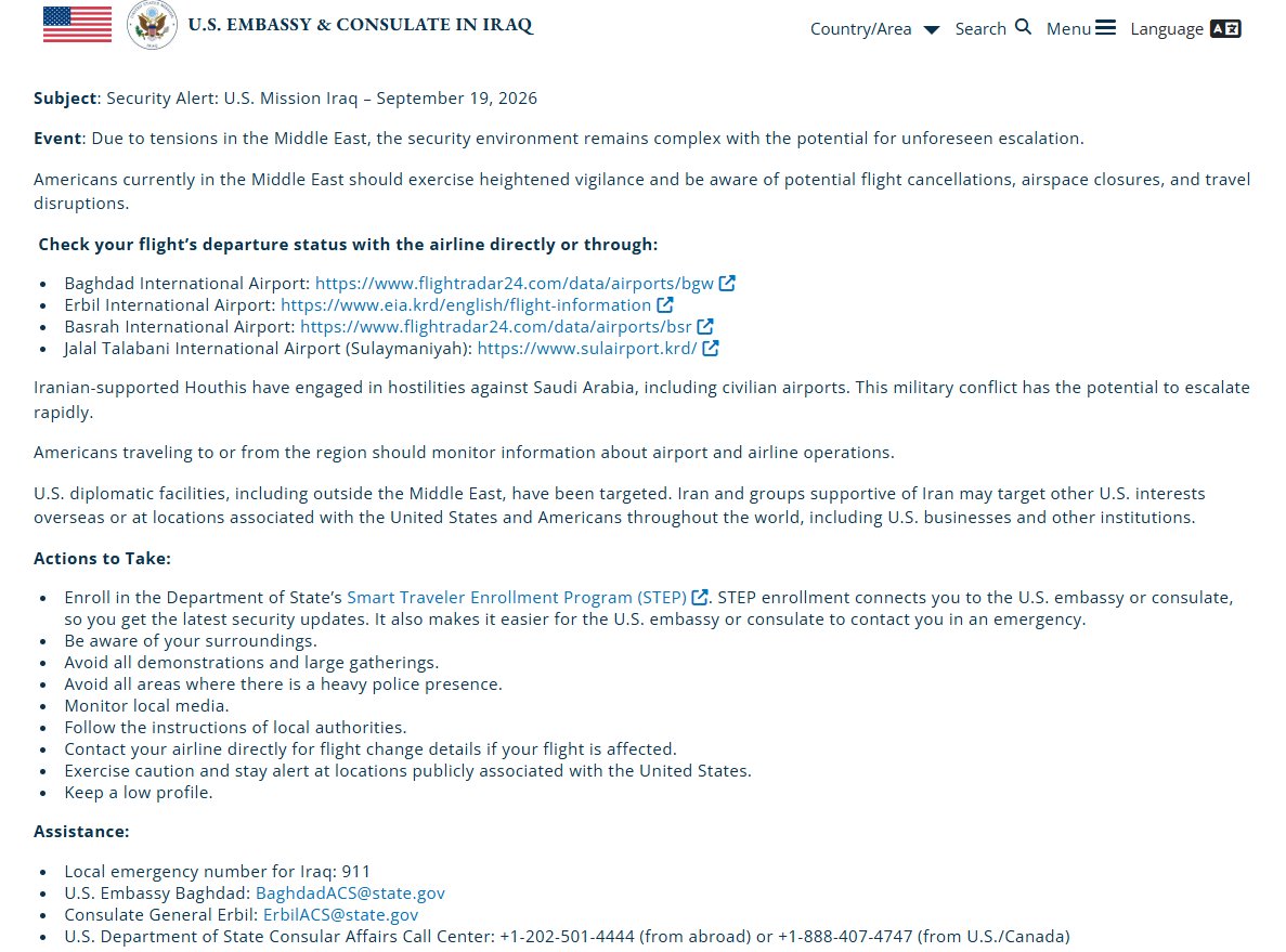 U.S. Embassy in Baghdad Issues Security and STEP Alerts