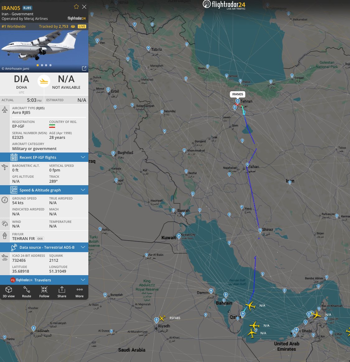 Iranian Government Aircraft IRAN05 Lands at Tehran's Mehrabad Airport