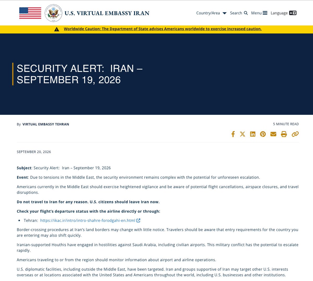 La Embajada Virtual de EE. UU. en Irán advierte de una posible escalada
