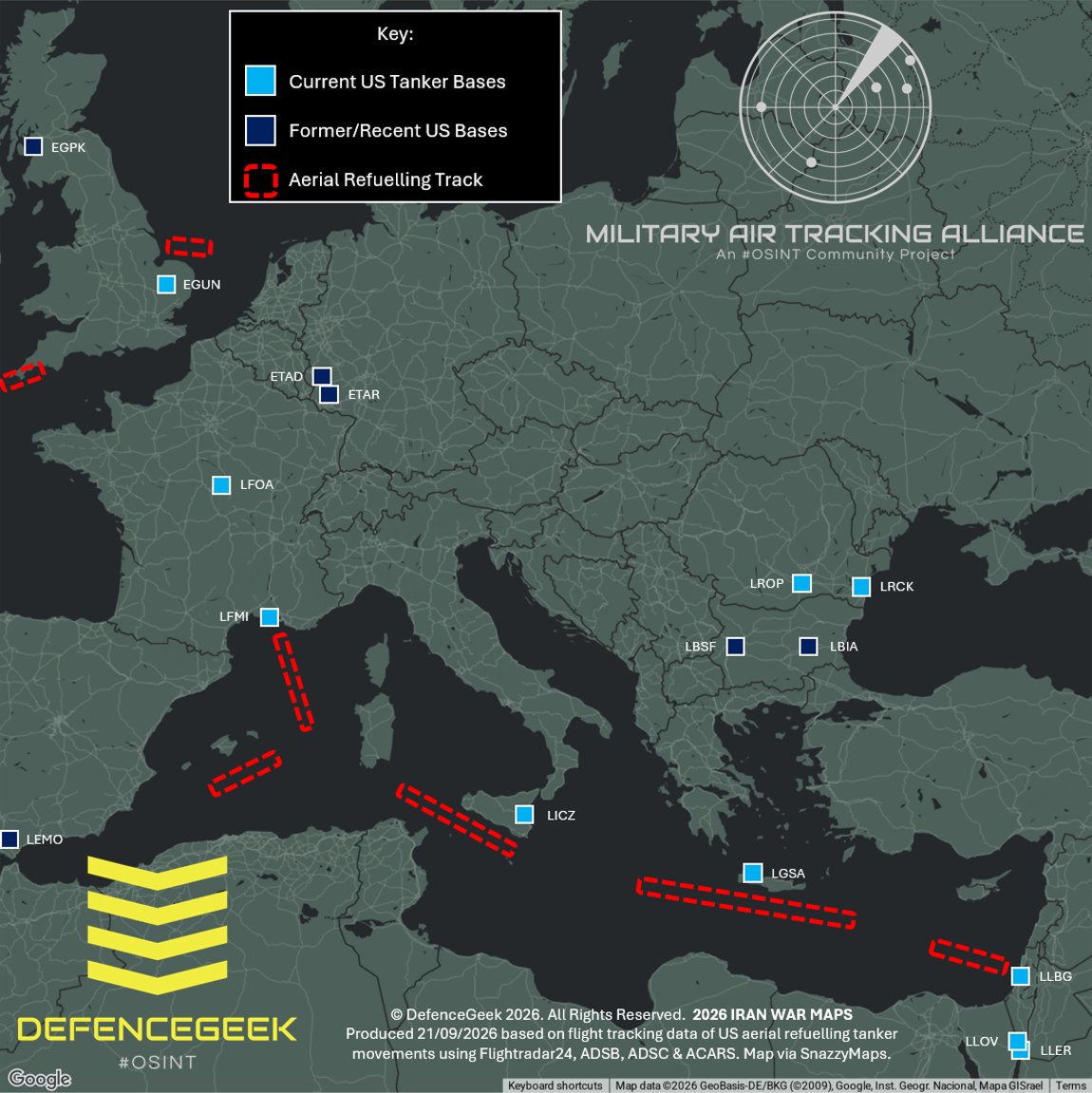 Map Charts U.S. Aerial Refueling Bases and Tracks in Europe