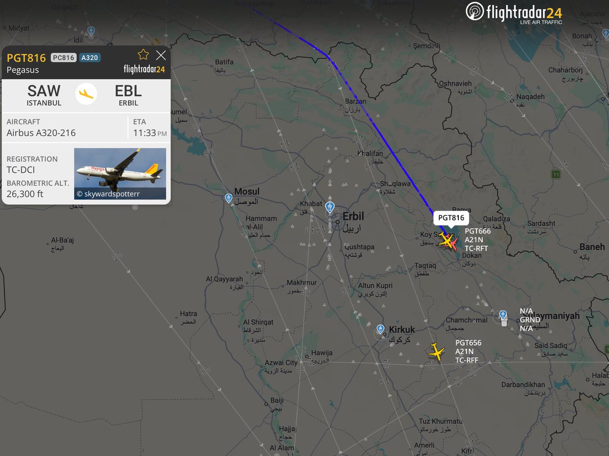 Pegasus Flight 816 Appears to Descend Toward Kirkuk