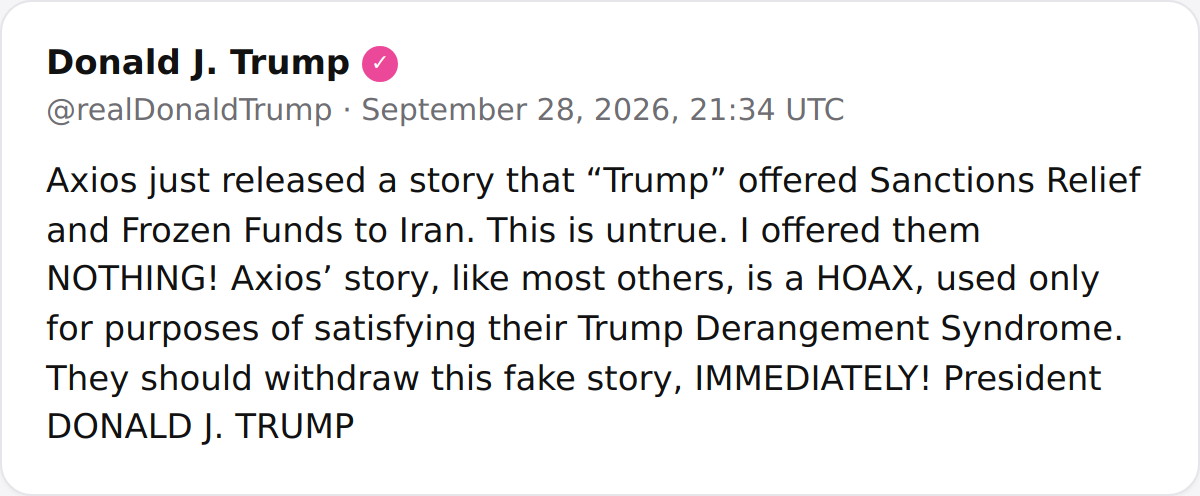 President Trump Denies Offering Iran Sanctions Relief or Frozen Funds