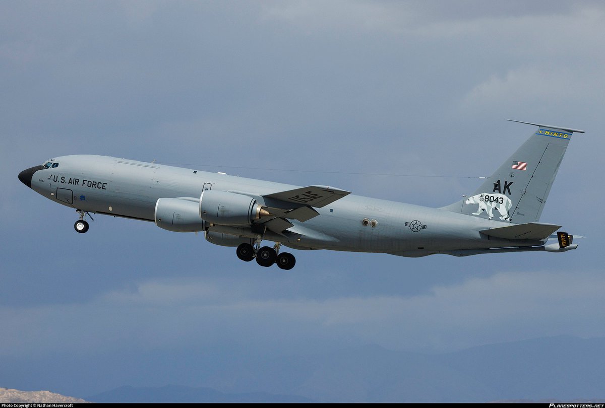 #USAF United States Air Force
Boeing KC-135 Stratotanker 4x
#AE062D 62-3571 - REACH (???)
#AE05AC 63-8029 - REACH (???)
#AE05AD 63-8043 - REACH (???)
#AE05A9 63-8015 - REACH (???)
Four KC-135s from the Alaska Air National Guard's 168th Air Refuelling Wing at Eielson Air Force Base are returning home today from bases in the CENTCOM AOR.
@MATA_osint