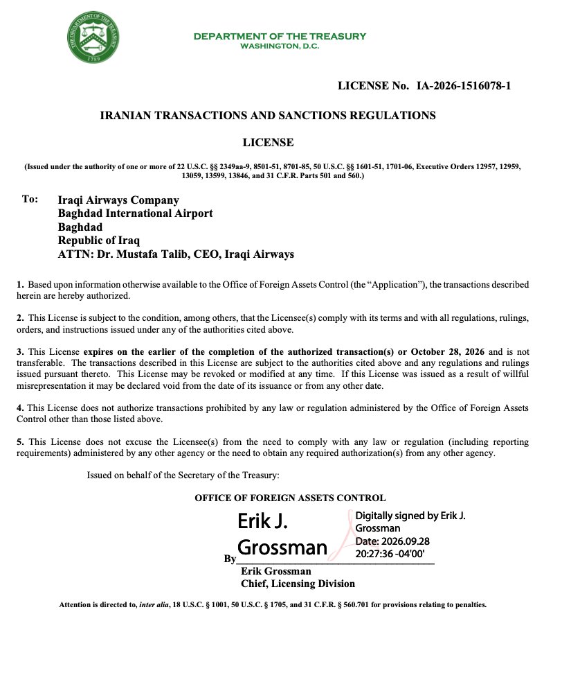 OFAC License Grants Iraqi Airways Narrow Exemption for Iran Flights