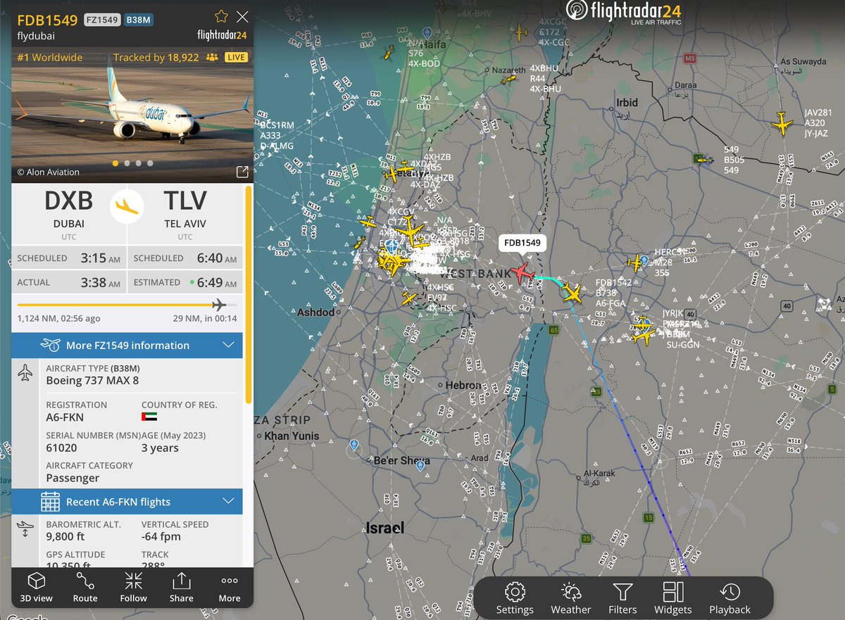 Out of 160 passengers, ~ 100 passengers are Israeli.
#IAF 🇮🇱 jets were also scrambled.
FDB1549 is currently over Israel at an altitude of 10,000 ft.