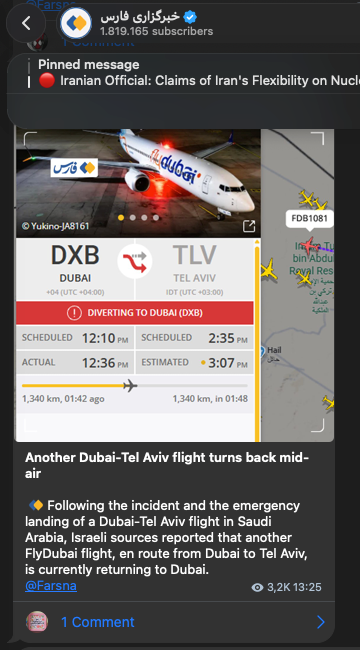 FDB1081 Reported Safe En Route to Tel Aviv via B411 and M449