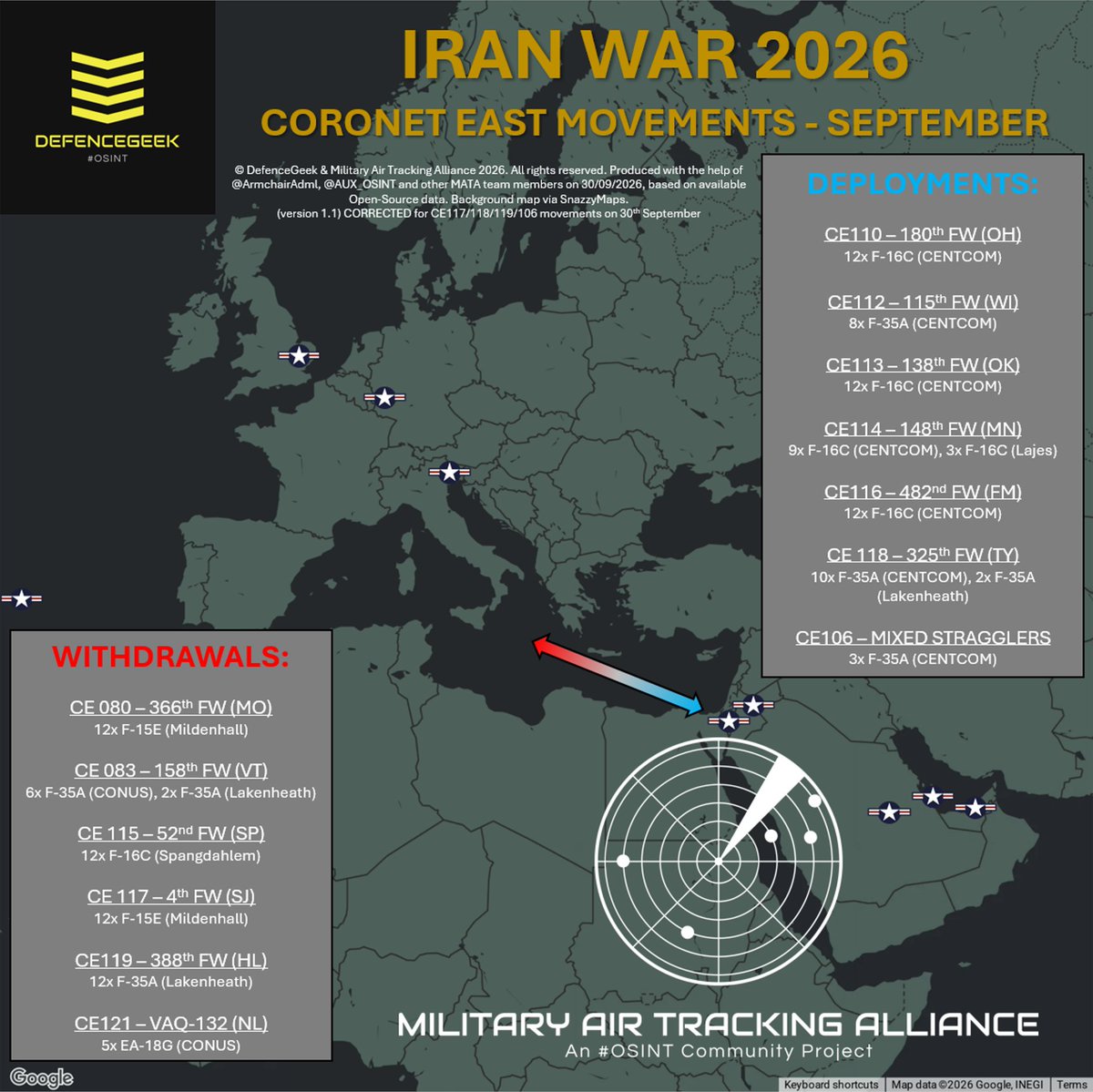 Gráfico OSINT corregido rastrea las rotaciones de aviones de combate de EE. UU. en septiembre de 2026