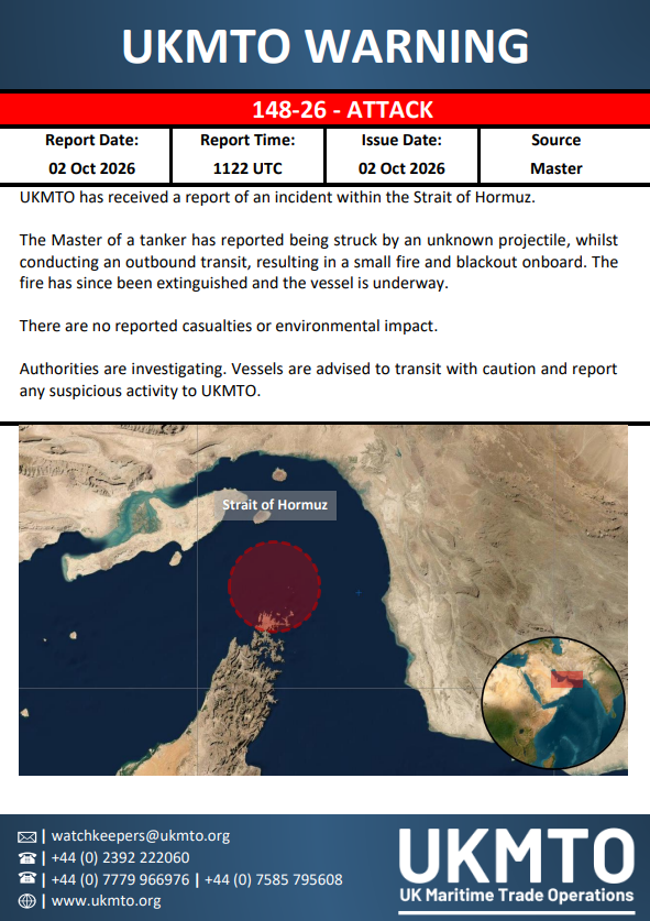 UKMTO Publishes Maritime Security Warning 148-26