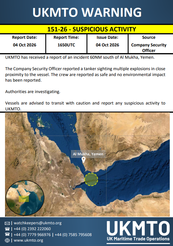 UKMTO Publishes Maritime Security Warning 151-26