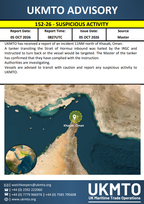 UKMTO Issues Maritime Security Warning 152-26