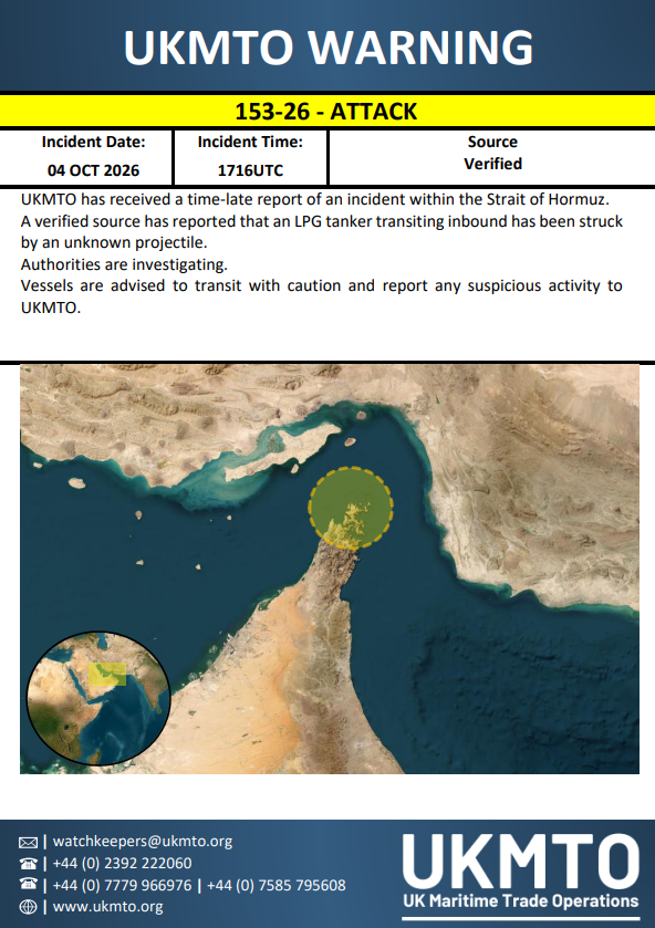 UKMTO Publishes Maritime Security Warning 153-26