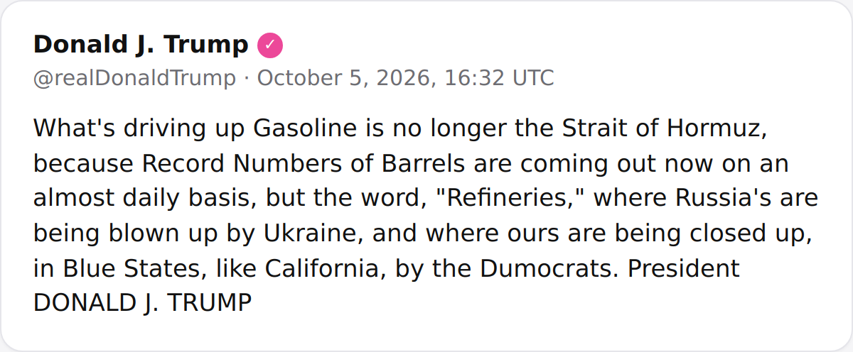Trump Says Refineries, Not the Strait of Hormuz, Are Driving Up Gasoline