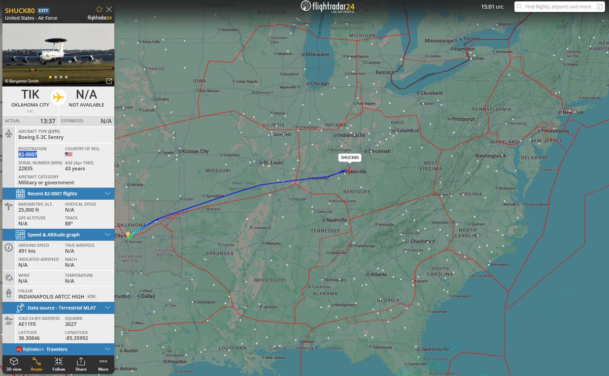 #E3 Sentry 82-0007 departed #KTIK, likely deploying to #CENTCOM