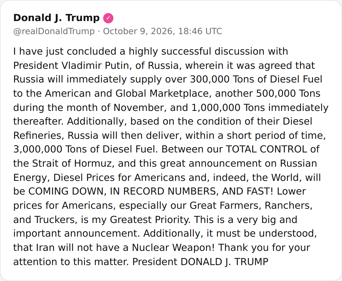Trump Says Russia Agreed to Major Diesel Fuel Deliveries