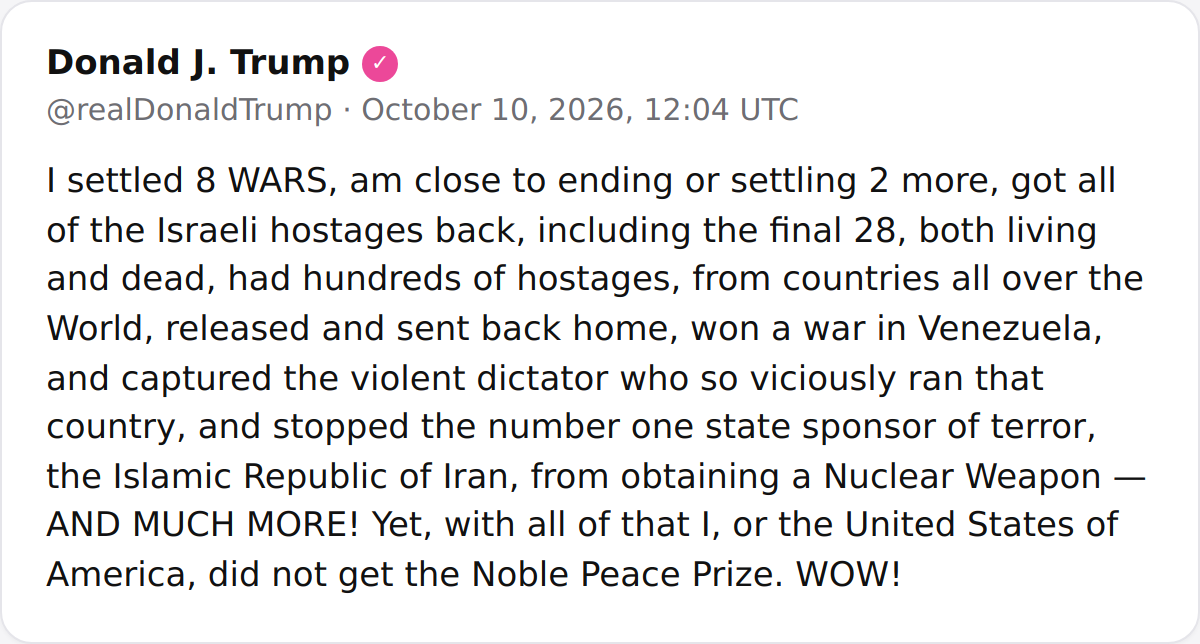 President Trump Lists Foreign Policy Claims and Laments Peace Prize
