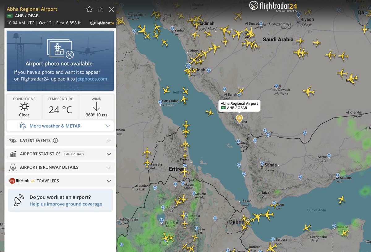 🇸🇦 Repeated airport attacks are disrupting Saudi Arabia’s aviation network on today :

🔴Riyadh: operations suspended after the deadly Oct. 10 strike.
🔴Jeddah and Dammam: delays and cancellations.
🔴Abha: daytime operations only.
🔴Najran and Jazan: closed since Oct. 7, through Oct. 15.

More than a third of today’s scheduled flights nationwide are not expected to operate. The disruption now stretches from the capital to both coasts and the Yemen border.