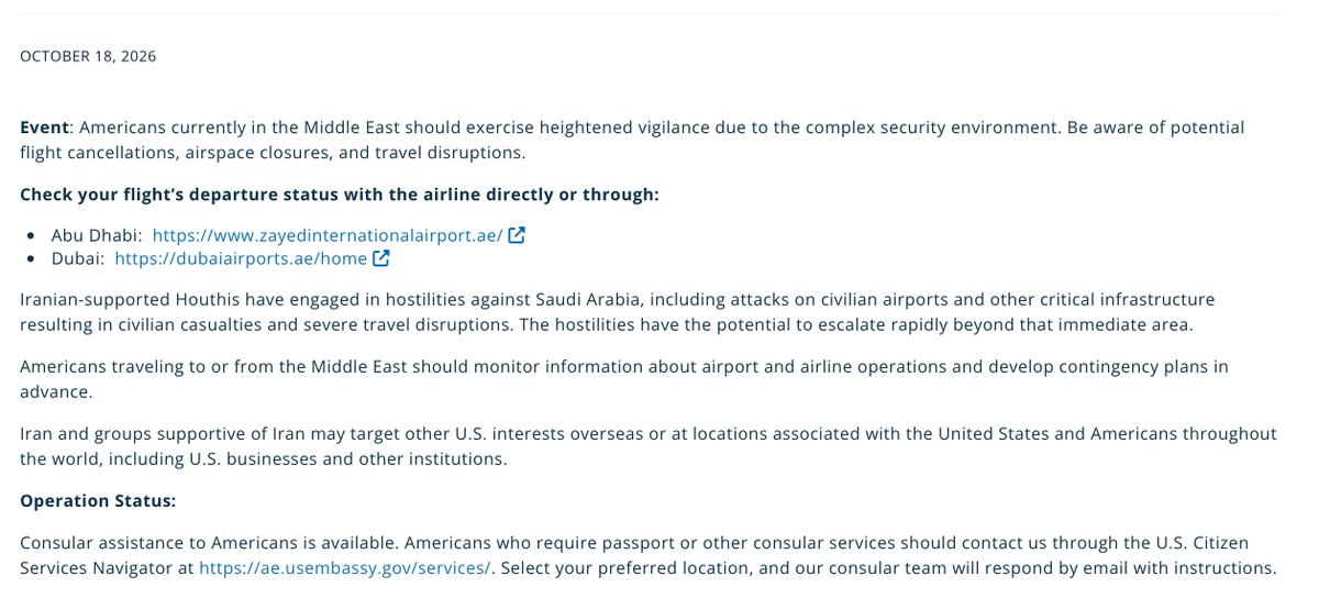 U.S. Embassy in UAE Issues Security Alert Over Potential Iran-Linked Threats