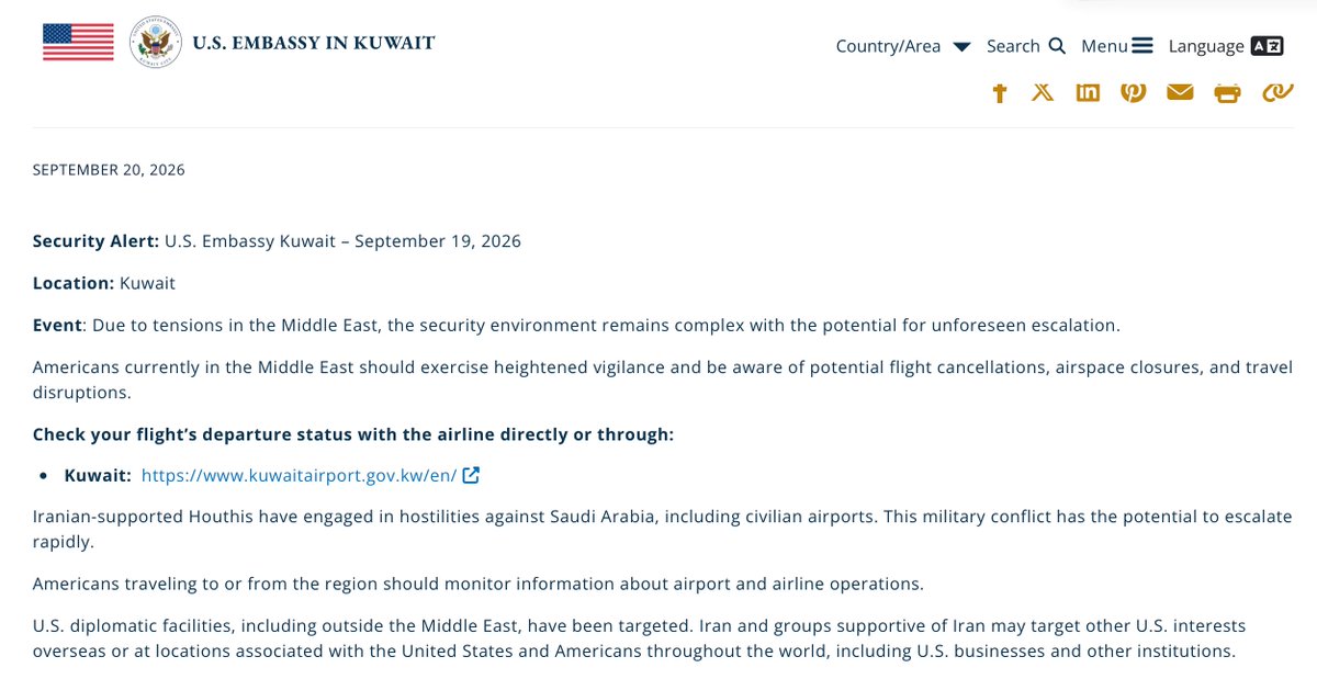 Security warning by @StateDept for the following countries:
#UAE 🇦🇪
#Israel 🇮🇱
#Bahrain 🇧🇭
#Jordan 🇯🇴
#Kuwait 🇰🇼
#Iraq 🇮🇶
#Lebanon 🇱🇧
#Qatar 🇶🇦
#UAE 🇦🇪
"Iranian-supported Houthis have engaged in hostilities against Saudi Arabia, including attacks on civilian airports and other critical infrastructure resulting in civilian casualties and severe travel disruptions. The hostilities have the potential to escalate rapidly beyond that immediate area.
Americans traveling to or from the Middle East should monitor information about airport and airline operations and develop contingency plans in advance.
Iran and groups supportive of Iran may target other U.S. interests overseas or at locations associated with the United States and Americans throughout the world, including U.S. businesses and other institutions."