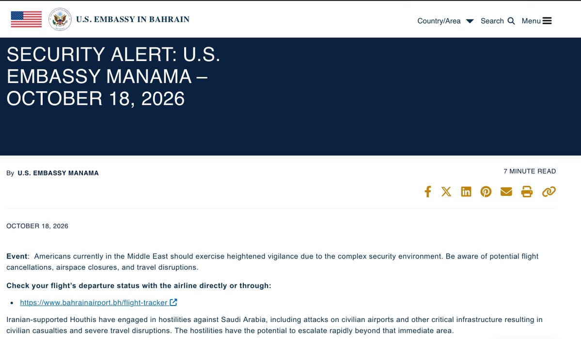 Security warning by @StateDept for the following countries:
#UAE 🇦🇪
#Israel 🇮🇱
#Bahrain 🇧🇭
#Jordan 🇯🇴
#Kuwait 🇰🇼
#Iraq 🇮🇶
#Lebanon 🇱🇧
#Qatar 🇶🇦
"Iranian-supported Houthis have engaged in hostilities against Saudi Arabia, including attacks on civilian airports and other critical infrastructure resulting in civilian casualties and severe travel disruptions. The hostilities have the potential to escalate rapidly beyond that immediate area.
Americans traveling to or from the Middle East should monitor information about airport and airline operations and develop contingency plans in advance.
Iran and groups supportive of Iran may target other U.S. interests overseas or at locations associated with the United States and Americans throughout the world, including U.S. businesses and other institutions."