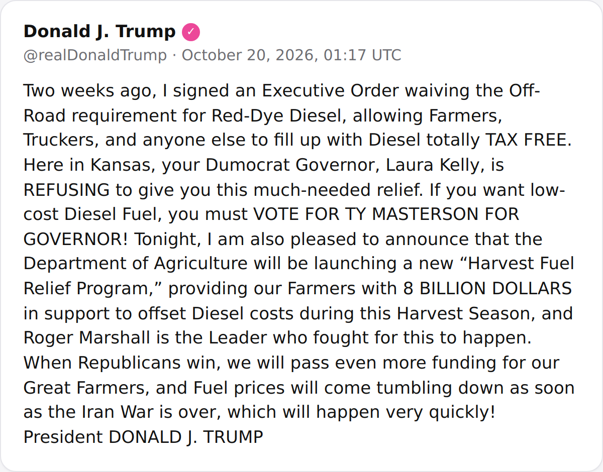 President Trump Announces $8 Billion Harvest Fuel Relief Program