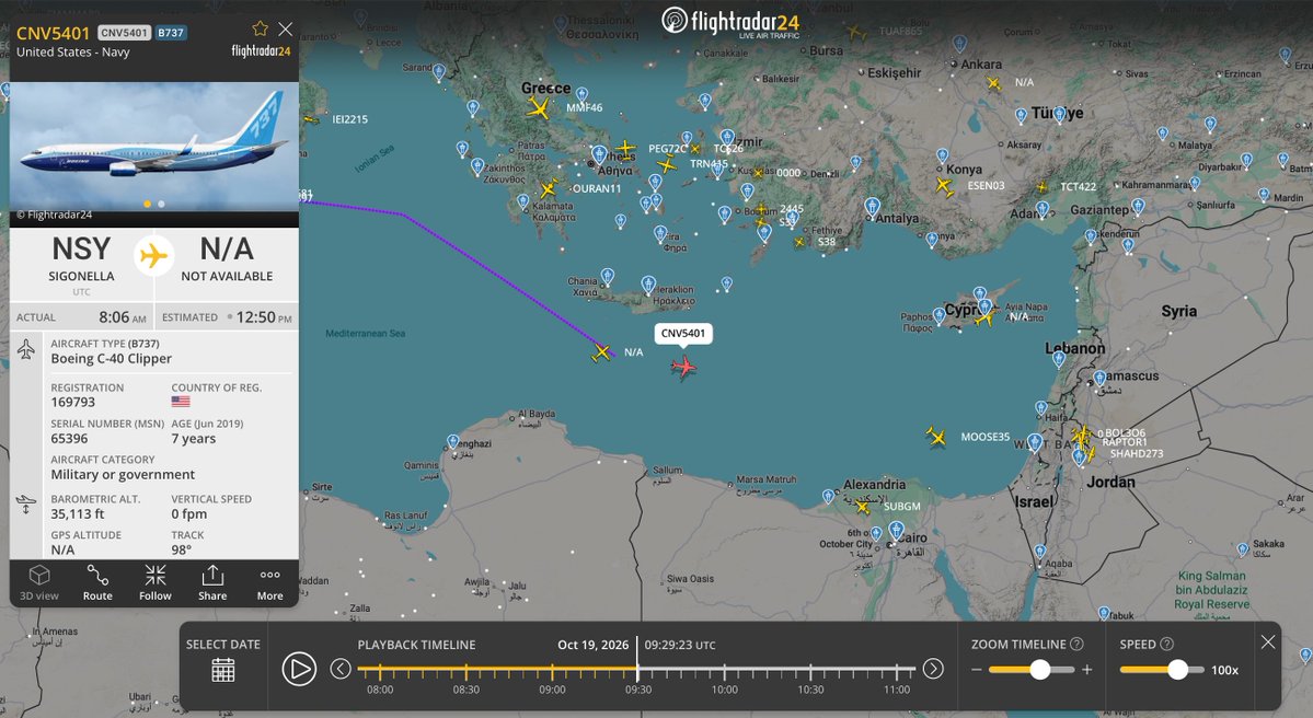 A bunch of WH / Pentagon flights to and within the region yesterday (Oct 19, 2026):

USN 🇺🇸  AE638E | 169793 | CNV5401
USN 🇺🇸  AE04DA | 165832 | CNV5417
US Army 🇺🇸  ADFECA | 84-00484 | VEGAS29
USAPAT 🇺🇸  AE0132 | 97-00101 | POKER49

(+ Reports of @SecWar & @netanyahu meeting in an AB in southern #Israel 🇮🇱 )