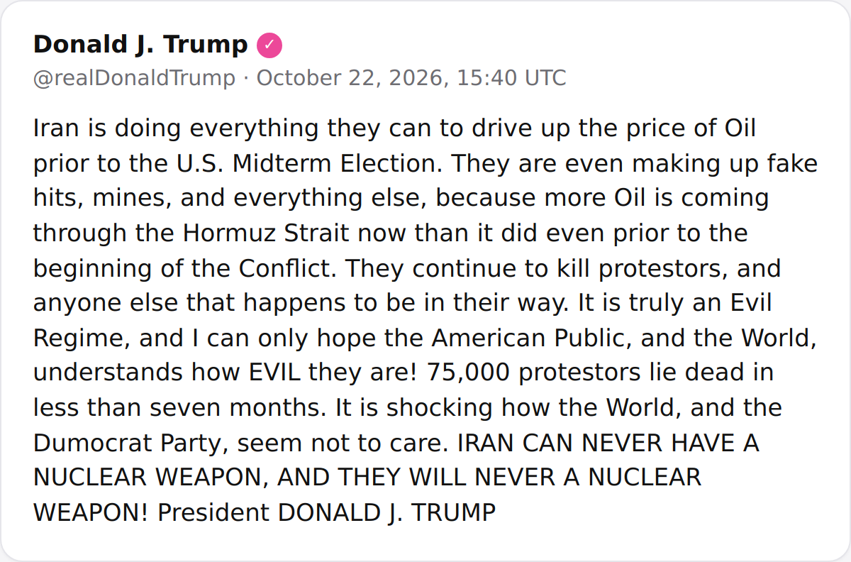 Trump Accuses Iran of Trying to Raise Oil Prices Before Midterms