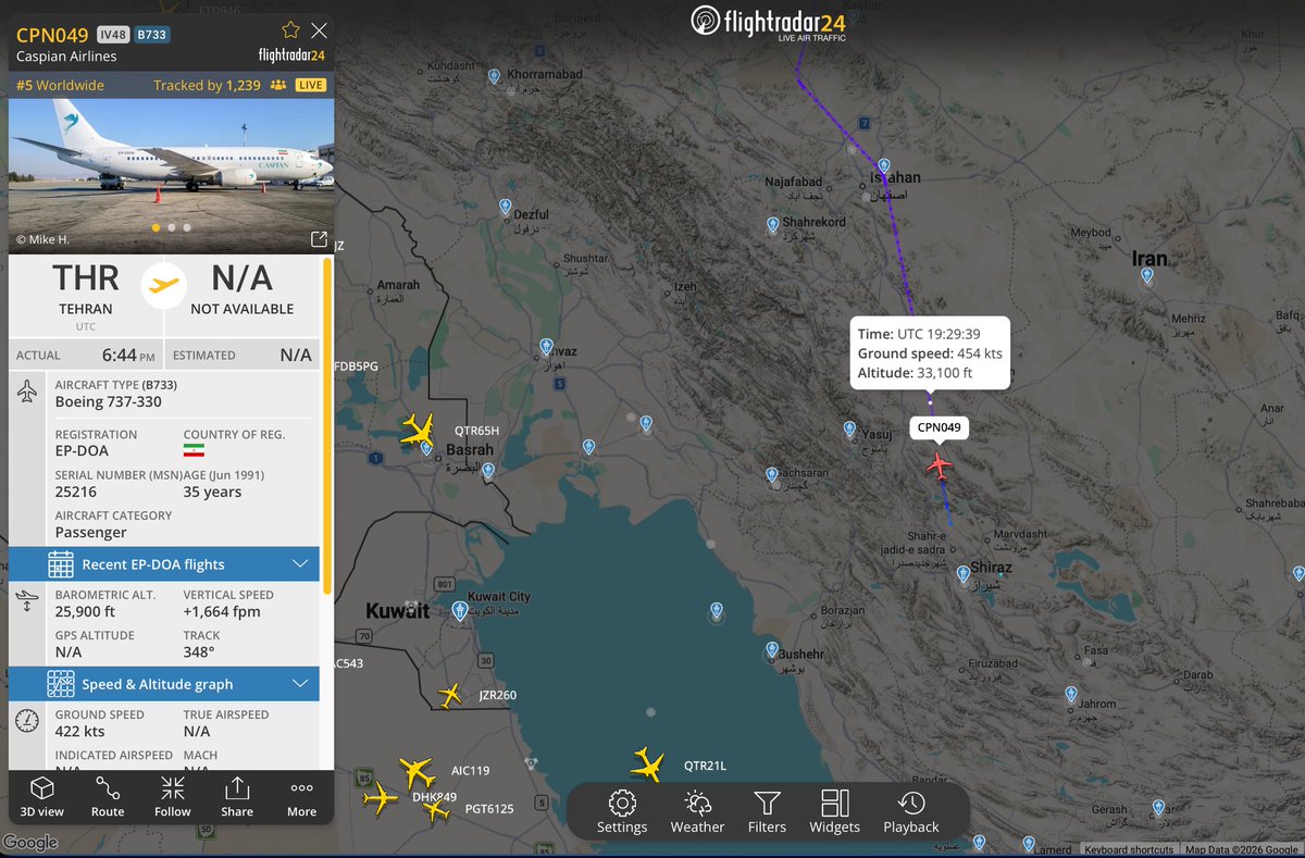 Caspian Airlines Aircraft Appears to Turn Back Toward Tehran