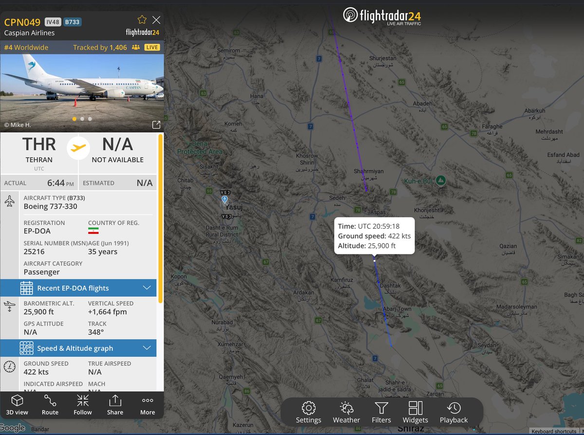 Caspain Airline's bird heading back to Tehran without touching down in Shiraz?
CPN049 | EP-DOA