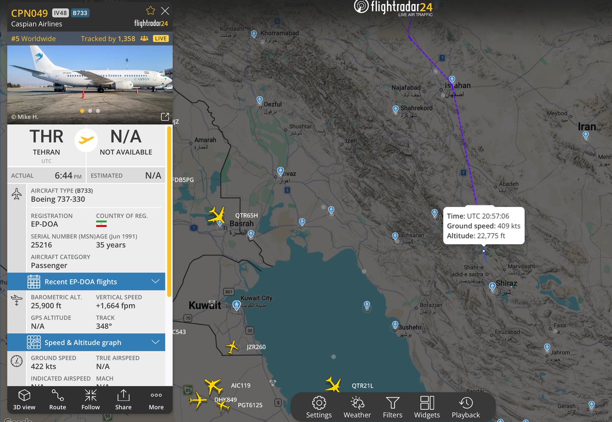 Caspain Airline's bird heading back to Tehran without touching down in Shiraz?
CPN049 | EP-DOA