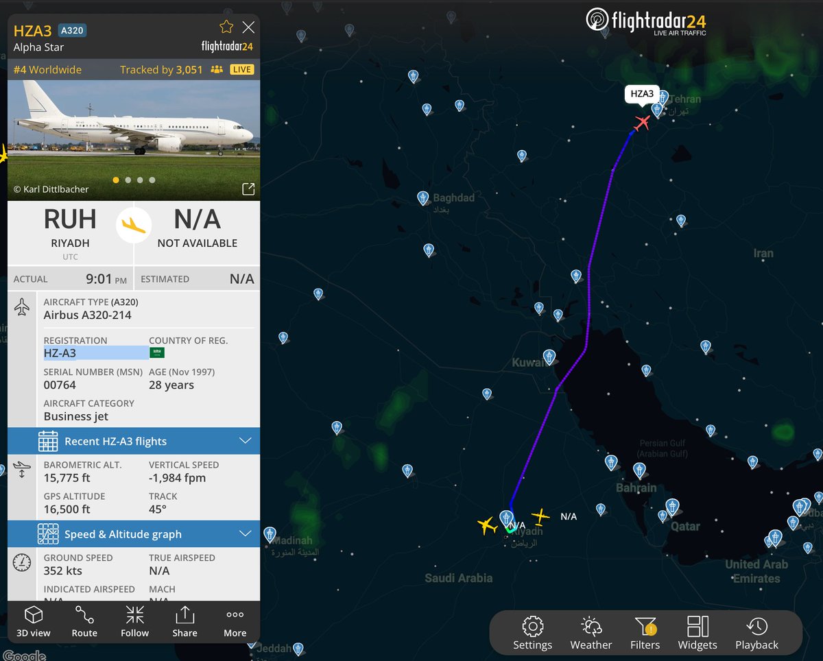VIP Aircraft From Riyadh Reported Inbound to Tehran