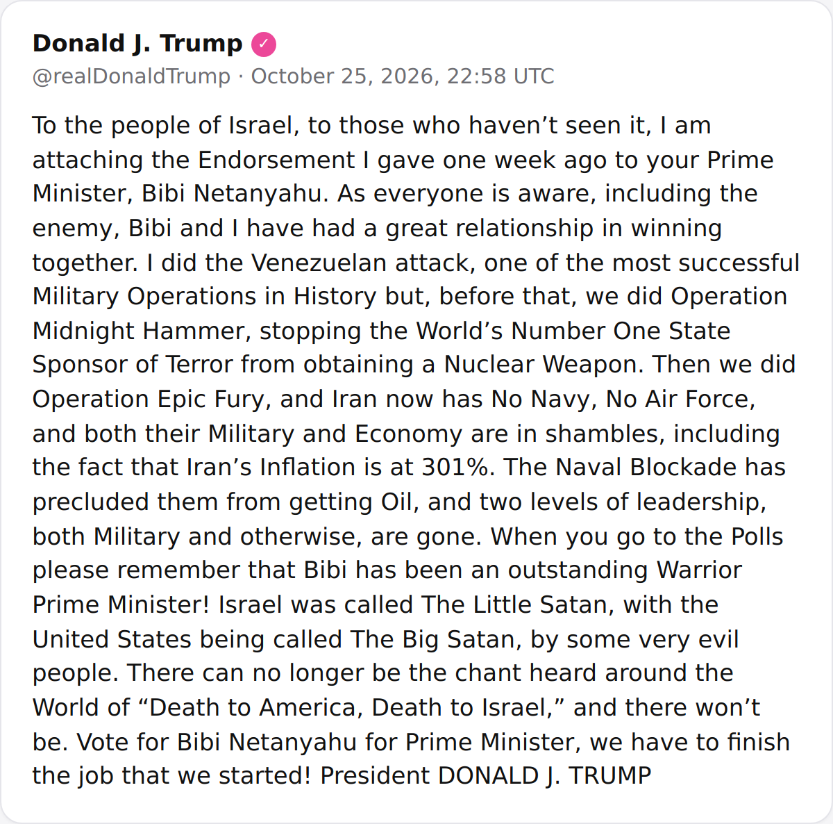 President Trump Endorses Netanyahu, Citing Operations Against Iran