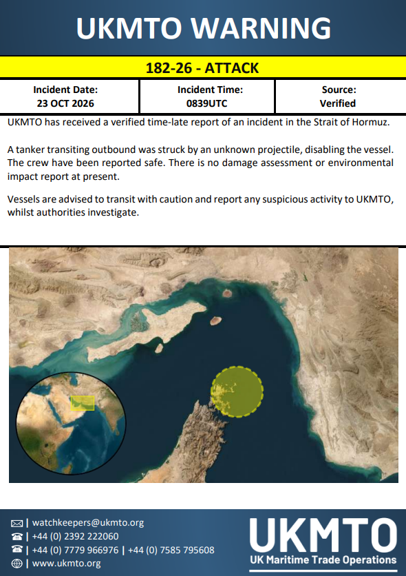 UKMTO Publishes Maritime Security Warning 182-26