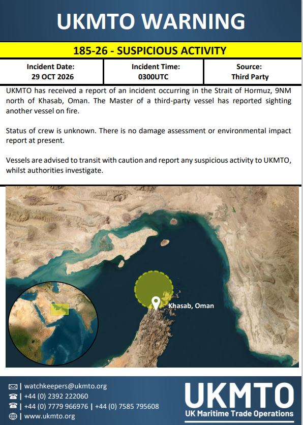 UKMTO Publishes Maritime Security Warning 185-26