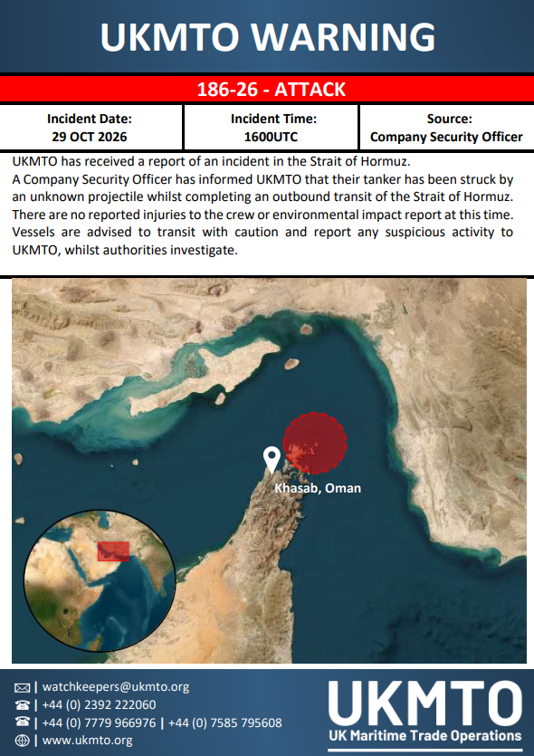 UKMTO Issues Maritime Security Warning 186-26